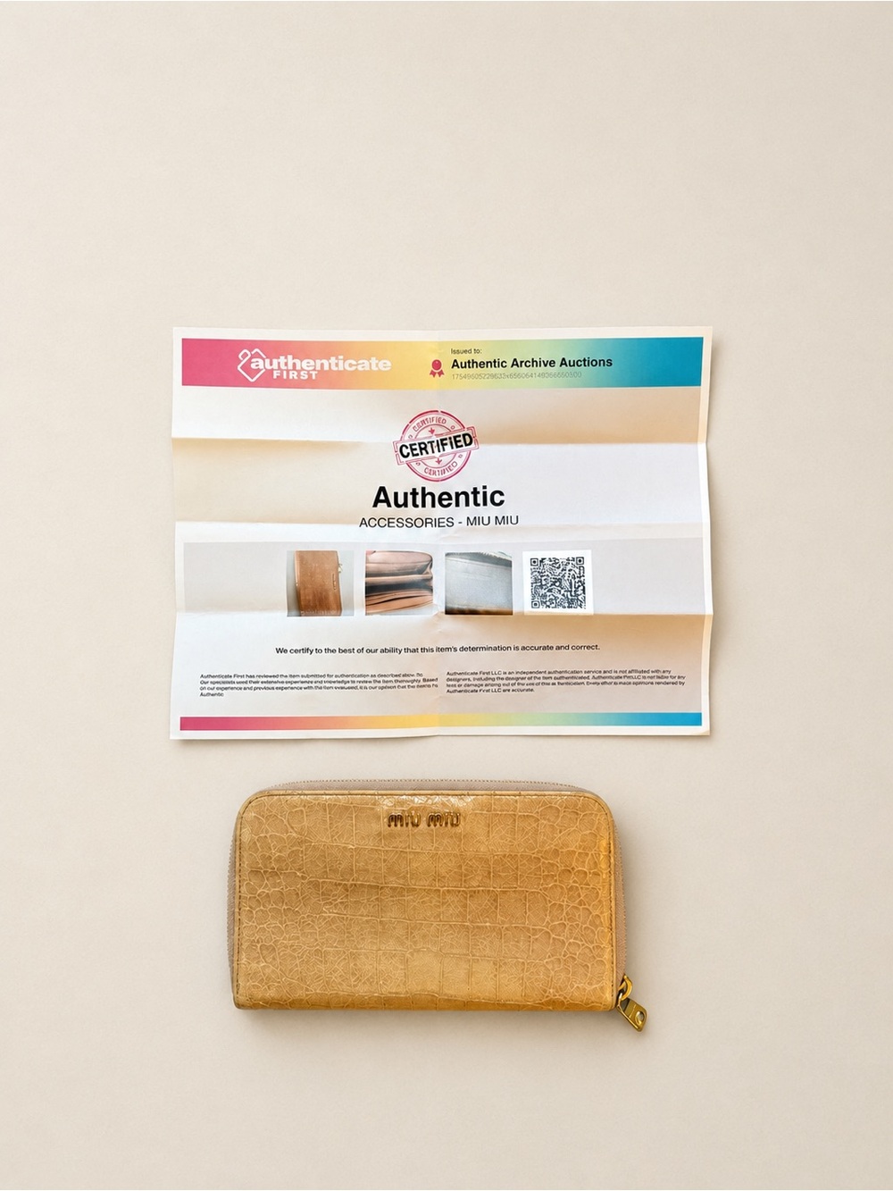 Miu Miu Beige Croc Embossed Zip Around Wallet